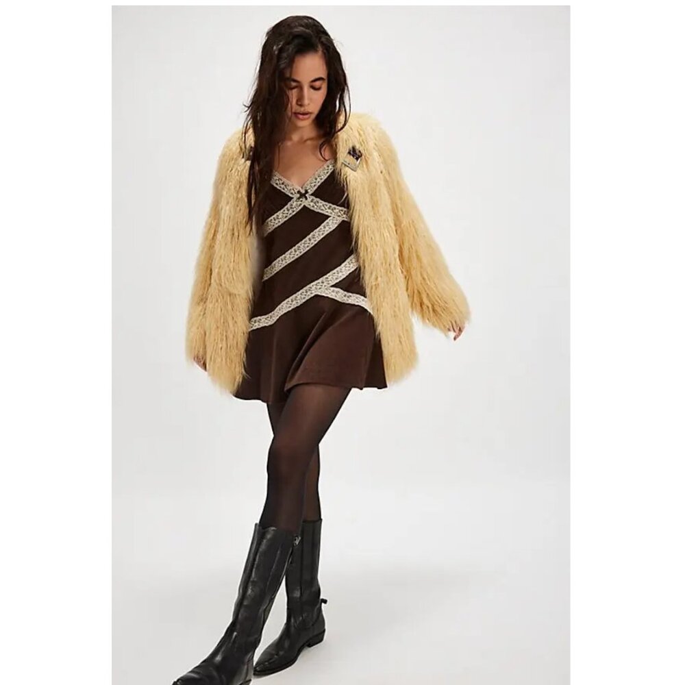 NEW Free People Tennley Corduroy Mini Dress Chocolate Torte Combo Lace Brown - Picture 2 of 2